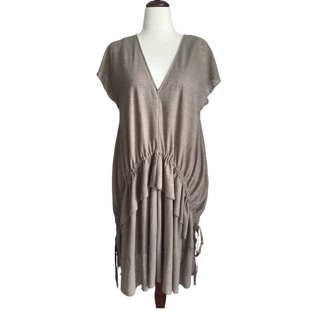 Zara Women’s Dress Tan Cap Sleeve Tiered Ruffle Tie Waist Boho Lagenlook Size L
